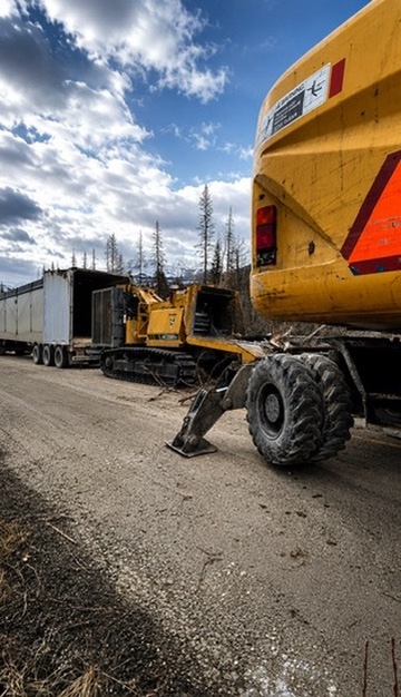 Grinder and trailer loading residual fibre roadside
