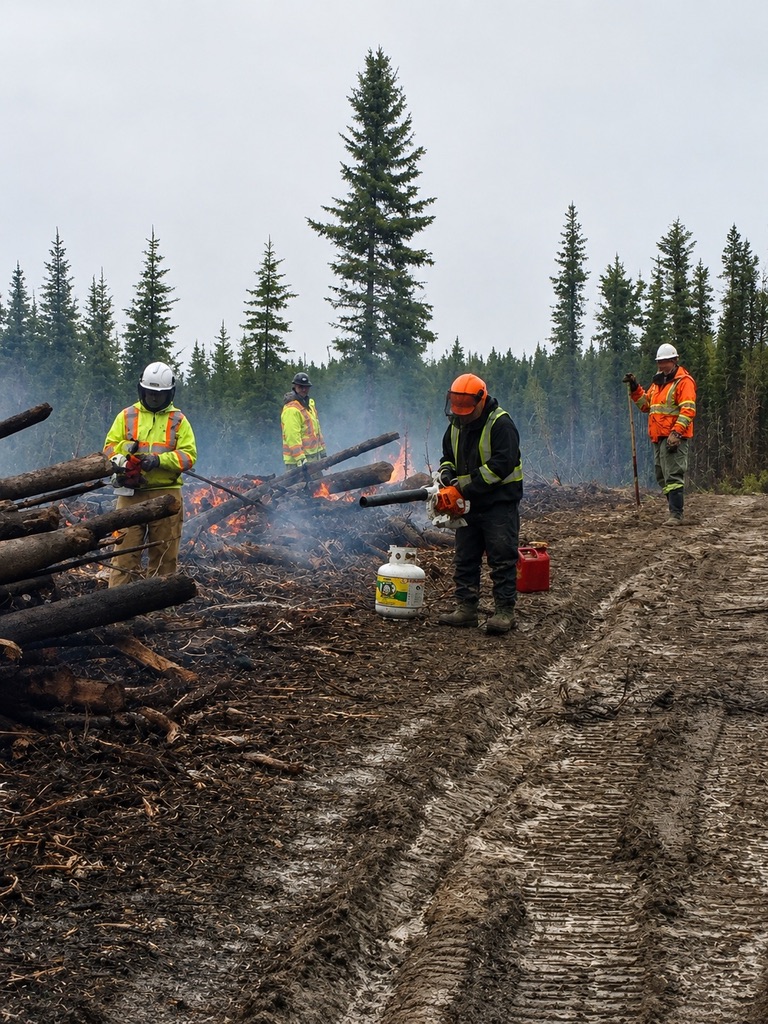 Crew burning slash piles along a treated corridor